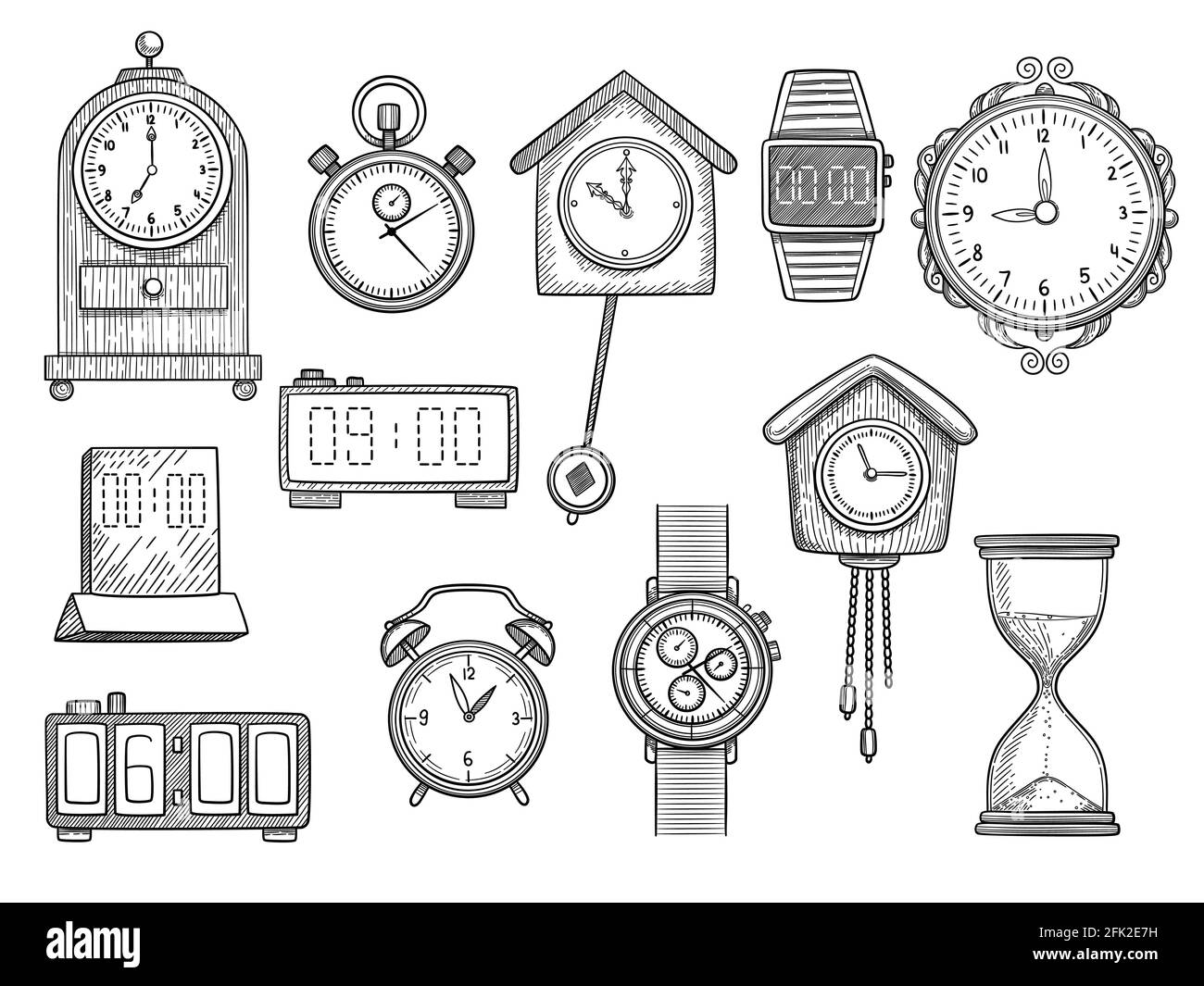 Doodle-Uhren. Uhren Timer Alarm Vektor Zeichnungen Illustrationen gesetzt Stock Vektor