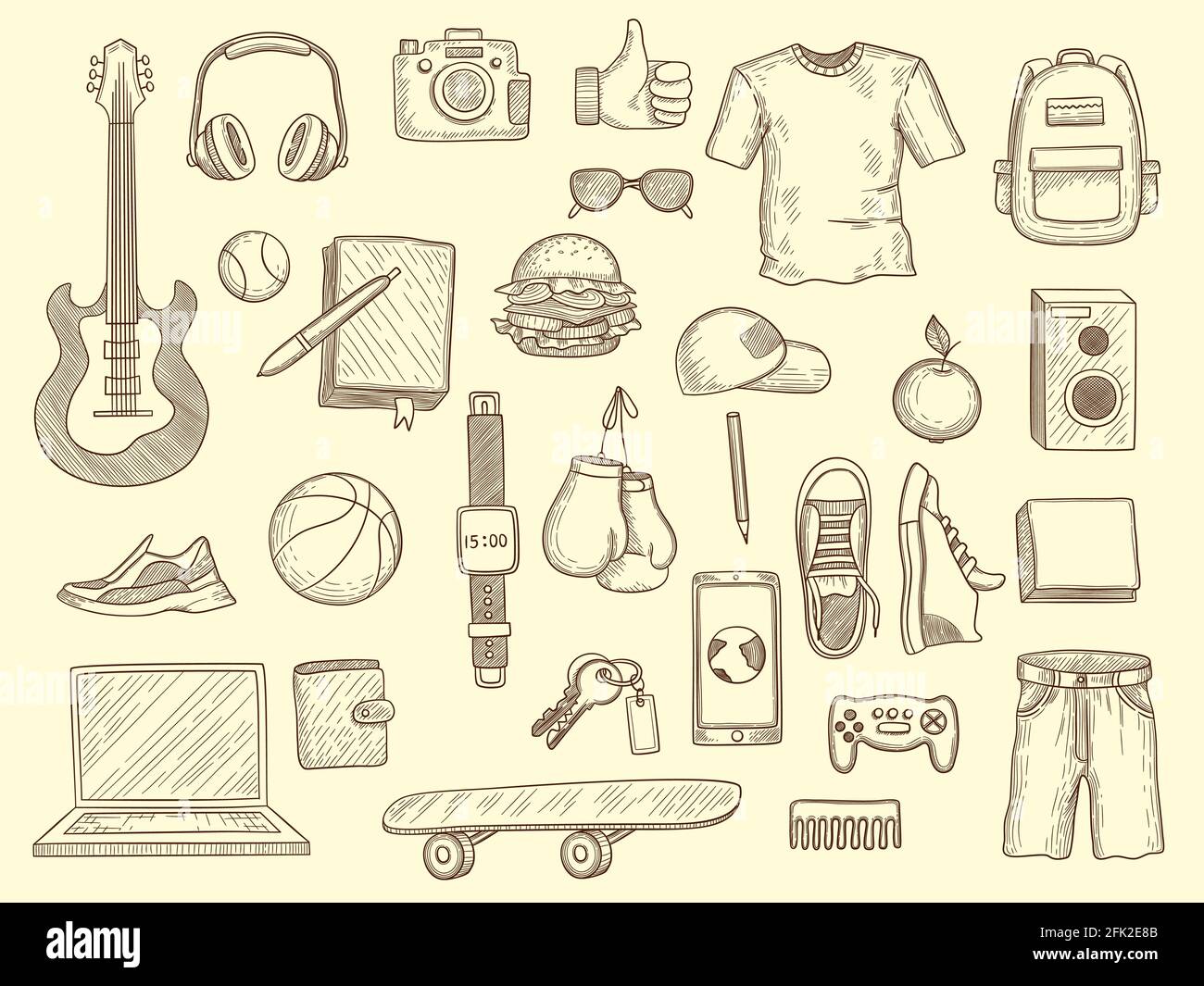 Teenager-Sachen. Junge Jungen und Mädchen Kleidung und Gadgets Teenager  moderne Garderobe Vektor gezeichnet Sammlung Stock-Vektorgrafik - Alamy