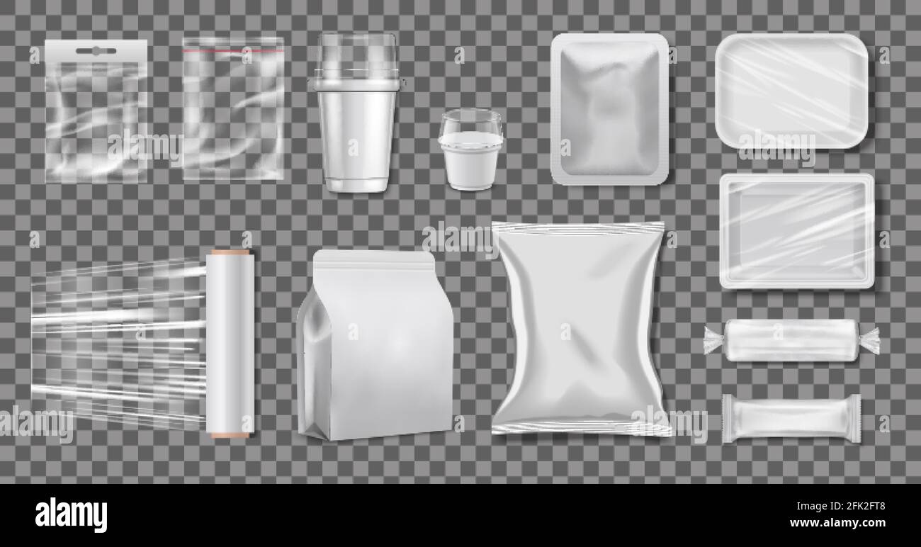 Kunststoffverpackung aus Polyethylen. Realistische Zellophan-Boxen und -Tassen. Transparentes Pack-Vektor-Modell Stock Vektor