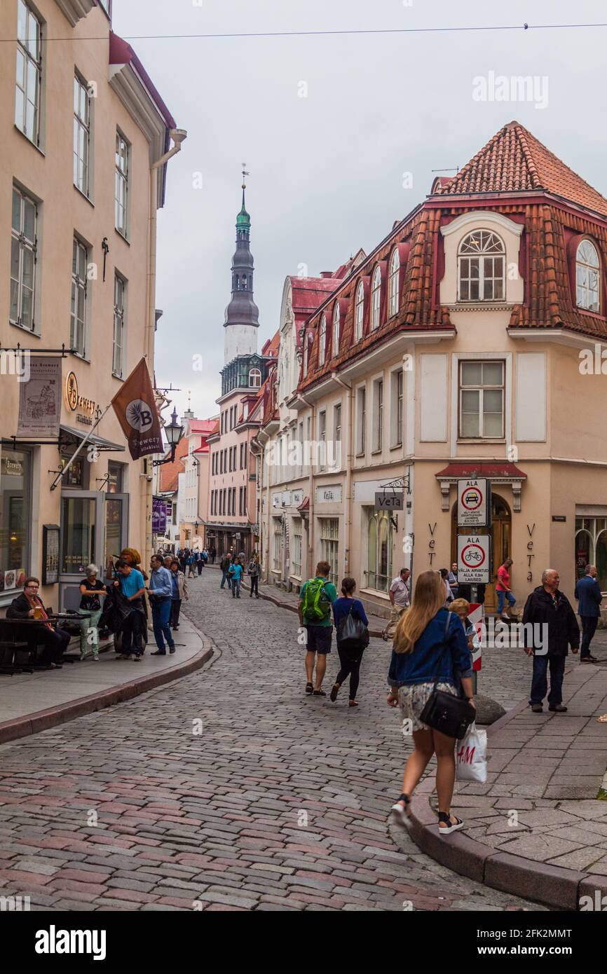 TALLINN, ESTLAND - 22. AUGUST 2016: Enge gepflasterte Straßen in der Altstadt von Tallinn, Estland Stockfoto