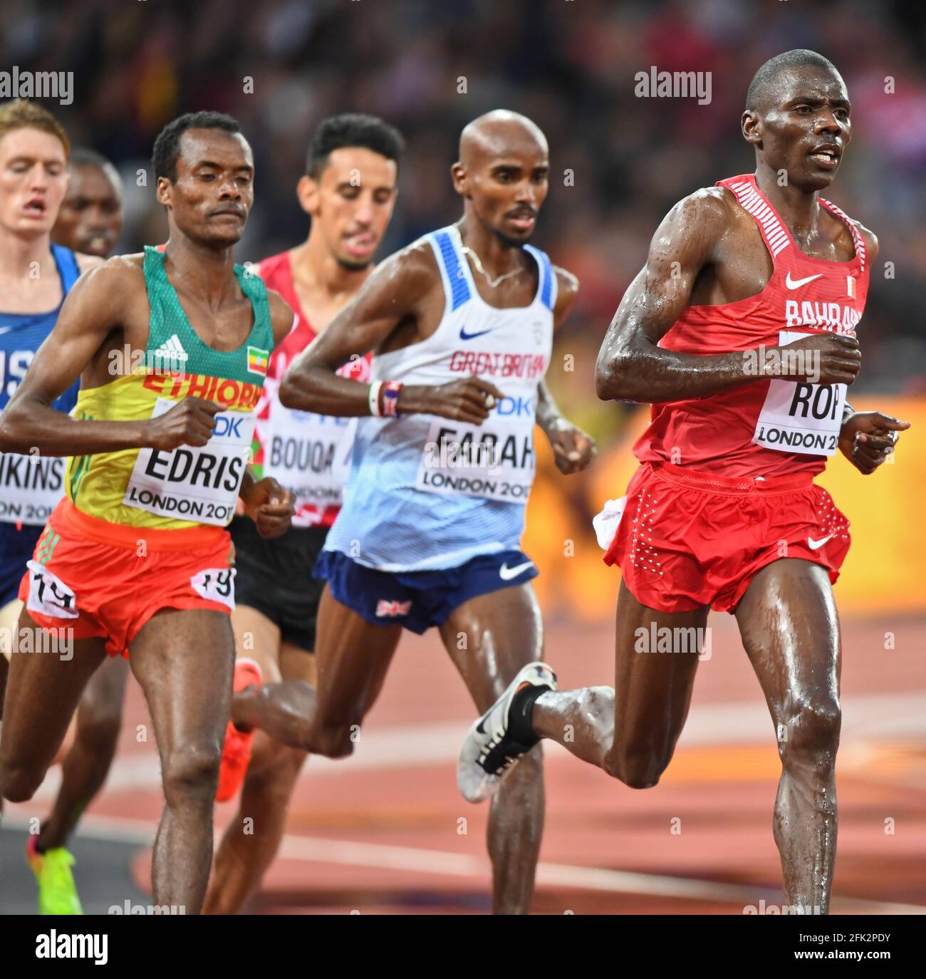 Albert Rop (Barhein), Mo Farah (Großbritannien), Muktar Edris (Äthiopien). 5000 Meter Männer, Qualifikation. IAAF World Championships London 2017 Stockfoto