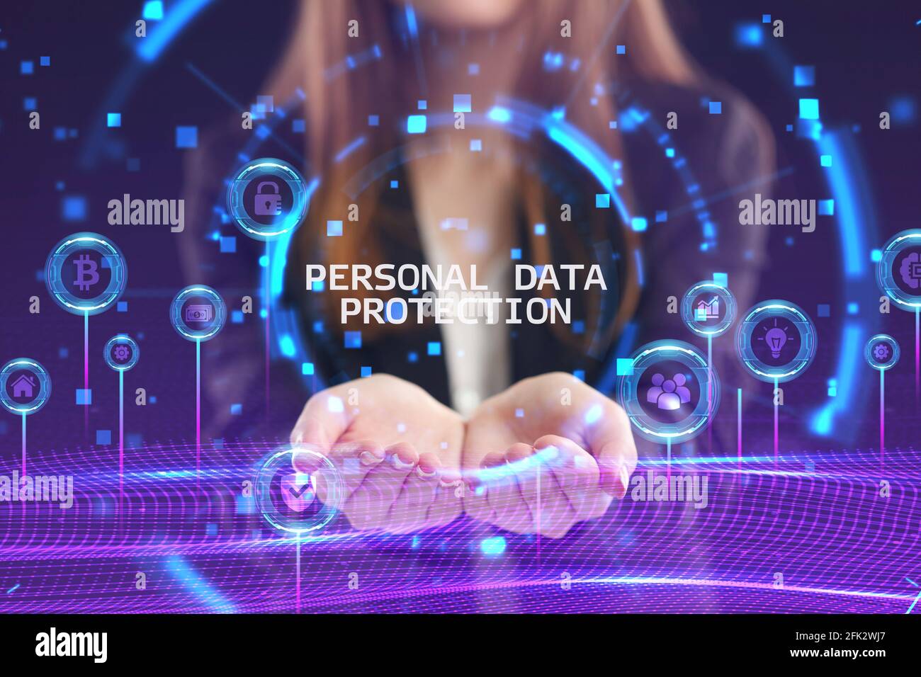 Wirtschaft, Technologie, Internet und Netzwerk Konzept. Junge Unternehmer arbeiten an einer virtuellen Bildschirm der Zukunft und sieht die Inschrift: Persönliche dat Stockfoto