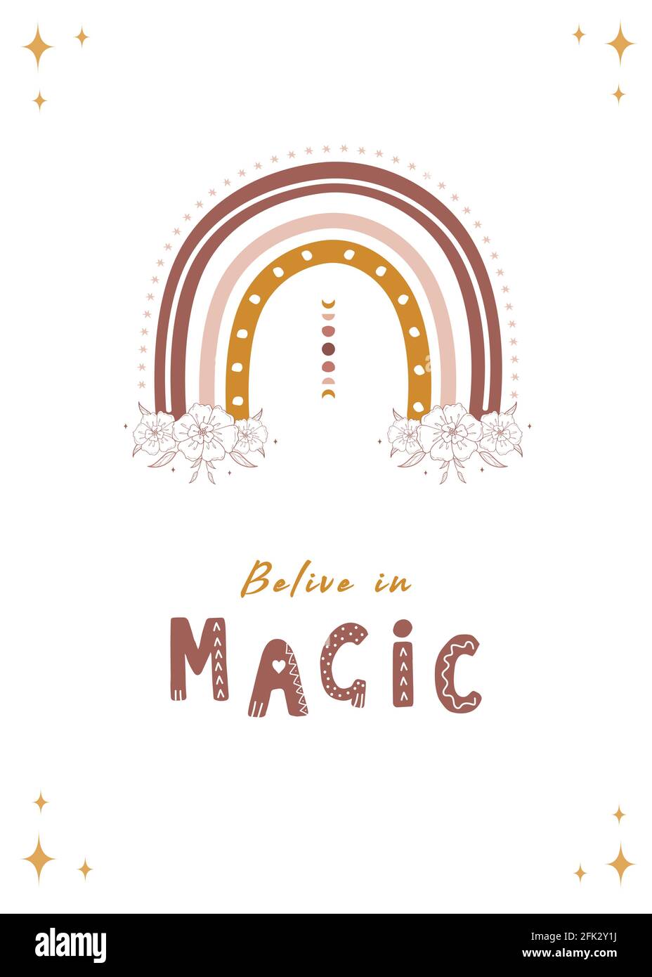 Poster mit abstraktem Regenbogen und Mond. Glauben Sie an Magie. Skandinavisches Design für Tapeten und Wohnkultur. Moderne geometrische Hintergründe. Modern Stock Vektor