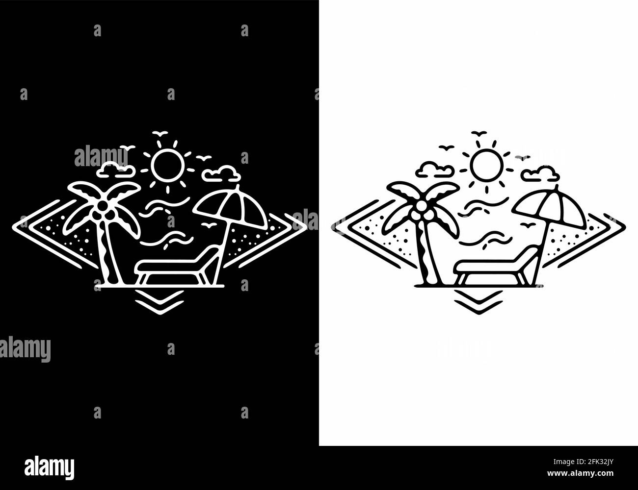 Schwarz-weiße Linienkunst-Illustration des Strandes in Parallelogramm Formendes Design Stock Vektor