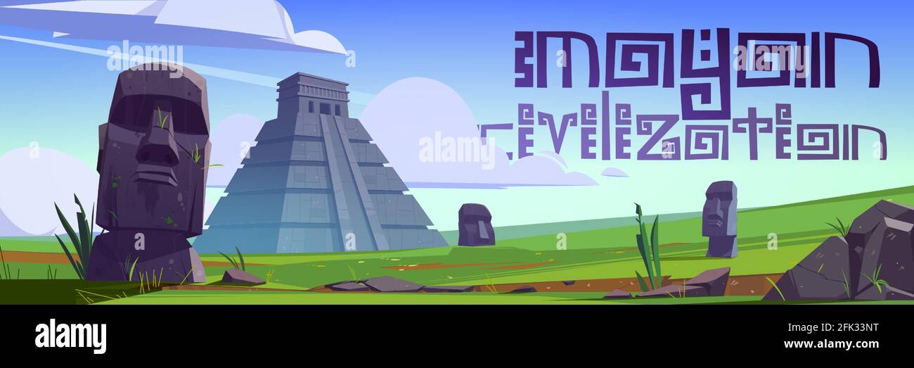 Alte maya-Pyramiden und Moai-Statuen auf der Osterinsel. Vektor-Poster mit Cartoon-Landschaft mit südamerikanischen Wahrzeichen der Maya-Zivilisation, Steinskulptur auf grünem Gras Stock Vektor