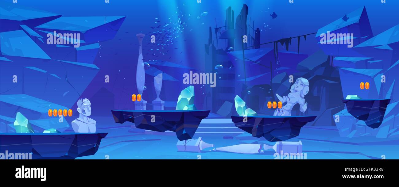 Game Level Hintergrund mit Plattformen unter Wasser im Meer oder Meer. Unterwasserlandschaft mit antiken Ruinen, alte versunkene Architektur. Vector 2d-Schnittstelle von Arcade-Spiel mit Cartoon-Illustration Stock Vektor