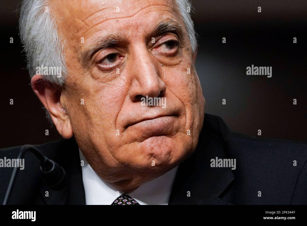 Zalmay Khalilzad, Sondergesandter für die Aussöhnung in Afghanistan, bezeugt vor dem Ausschuss für Auswärtige Beziehungen des Senats auf dem Capitol Hill in Washington, DC, USA, am 27. April 2021, Während einer Anhörung über die Afghanistan-Politik der Regierung Biden und die Pläne, nach zwei Jahrzehnten Krieg Truppen abzuziehen. Foto von Susan Walsh/Pool/ABACAPRESS.COM Stockfoto