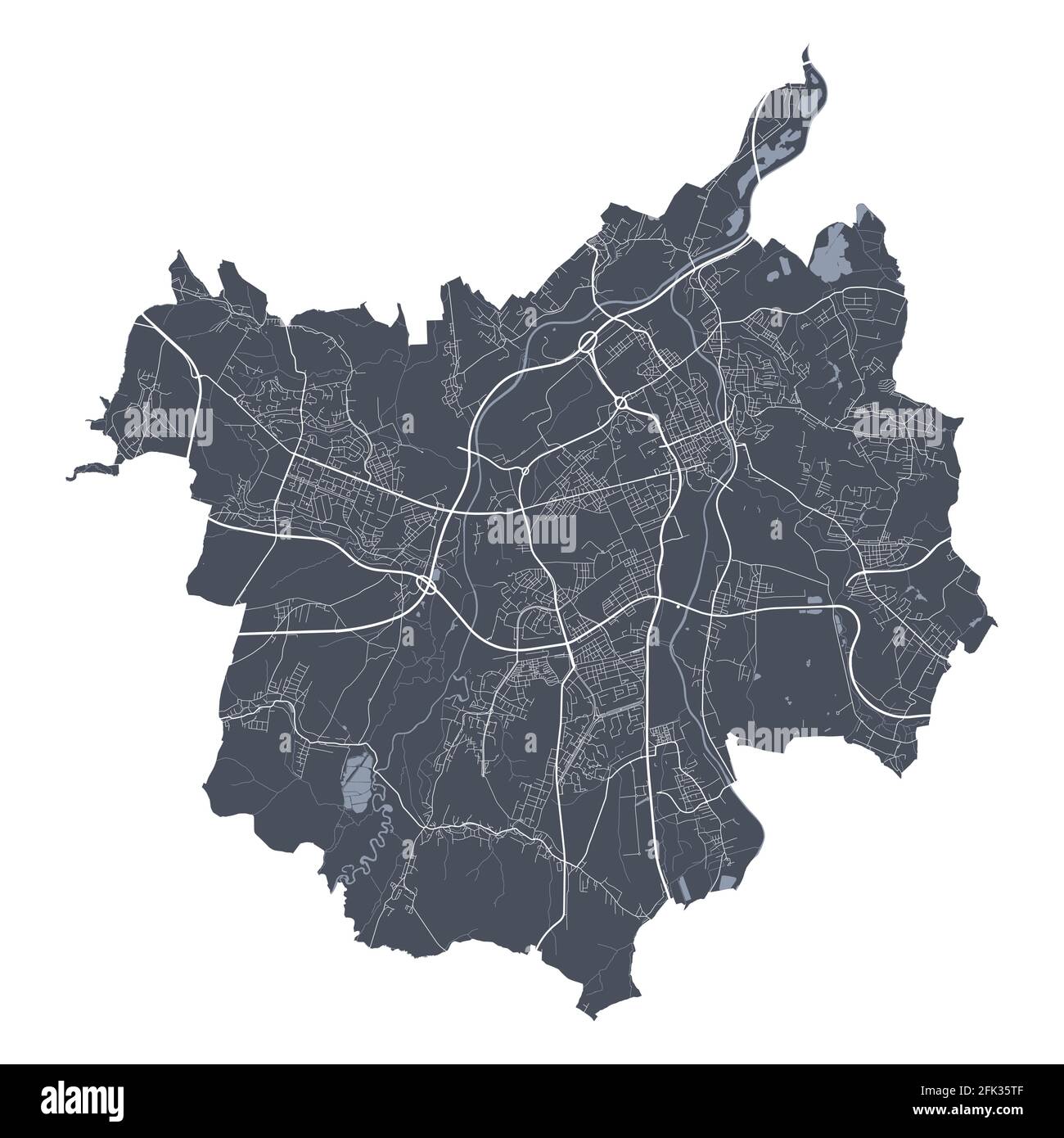 Ostrava-Karte. Detaillierte Vektorkarte von Ostrava Stadtverwaltung. Blick auf das Stadtbild mit Postern und die Arie der Metropole. Dunkles Land mit weißen Straßen, Straßen und Stock Vektor