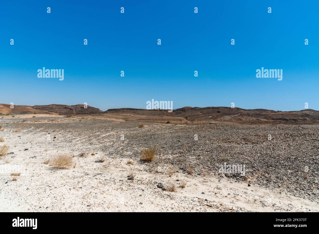 Ein Blick vom Krater im Ramon Krater. Blick auf die Wüste. Weißer Sand und ein Horizont mit blauem Himmel. Negev, Israel. Hochwertige Fotos Stockfoto