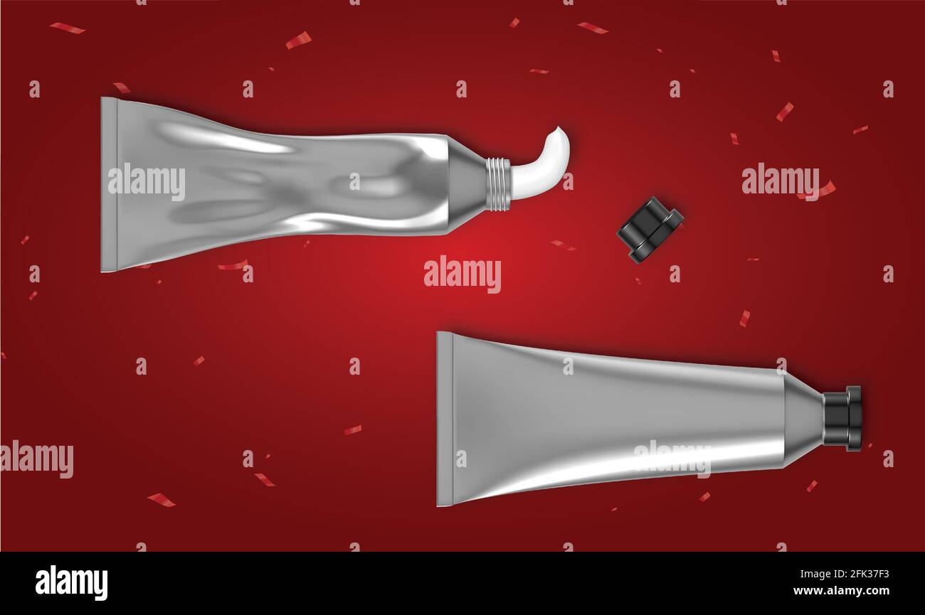 Abbildung der Zahnpasta-Tube auf abstraktem rotem Hintergrund Stock Vektor