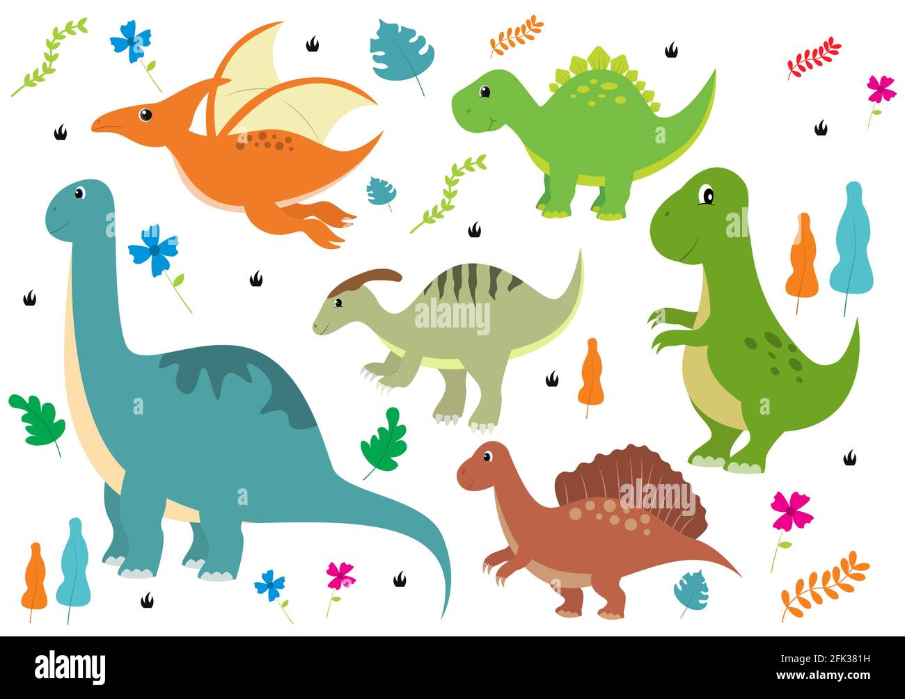 Niedliche Dinosaurier Cartoon Charaktere Illustration als Spinosaurus, Parasaurolophus, Stegosaurus, Tyrannosaurus, Pterodactyl, Und Diplodocus. Hintergrundbild Bac Stock Vektor