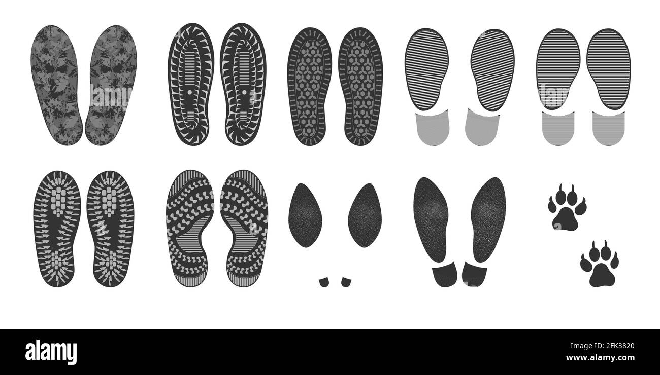 Fußabdrücke von menschlichen Schuhen, Vektor-Set von Silhouetten isoliert auf weißem Hintergrund. Schuhsohlendruck. Fußschutz, Stiefel, Sneaker, Schuhe, Damenschuhe Stock Vektor