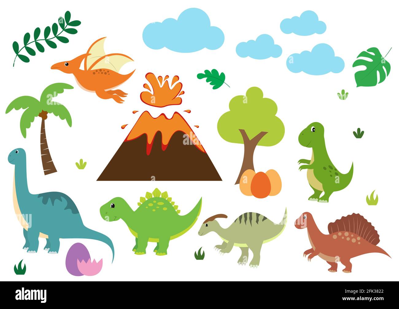Niedliche Dinosaurier Cartoon Charaktere Illustration als Spinosaurus, Parasaurolophus, Stegosaurus, Tyrannosaurus, Pterodactyl, Und Diplodocus. Hintergrundbild Bac Stock Vektor