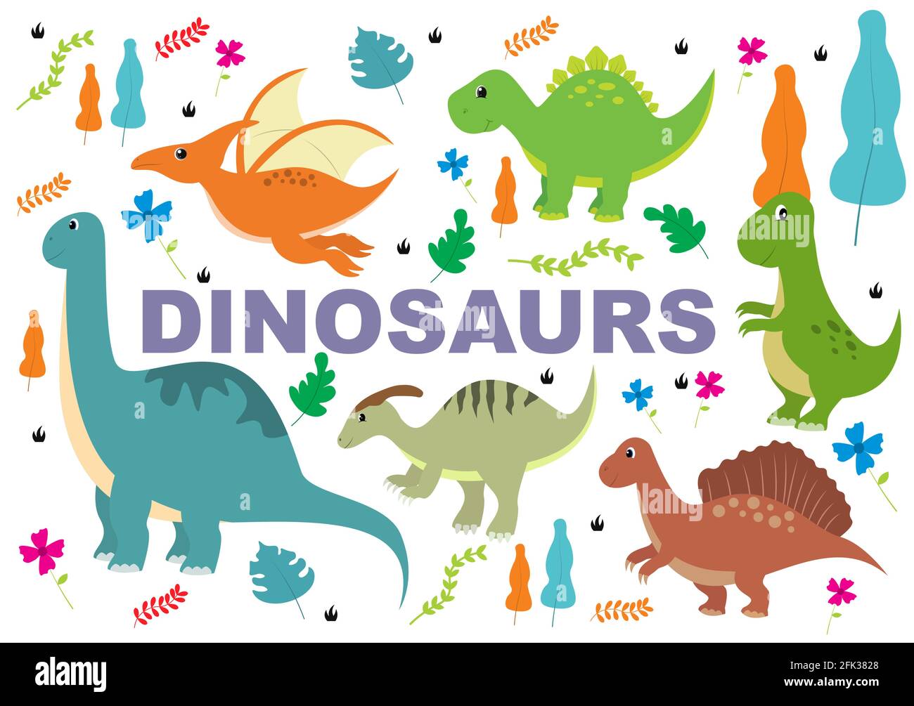 Niedliche Dinosaurier Cartoon Charaktere Illustration als Spinosaurus, Parasaurolophus, Stegosaurus, Tyrannosaurus, Pterodactyl, Und Diplodocus. Hintergrundbild Bac Stock Vektor