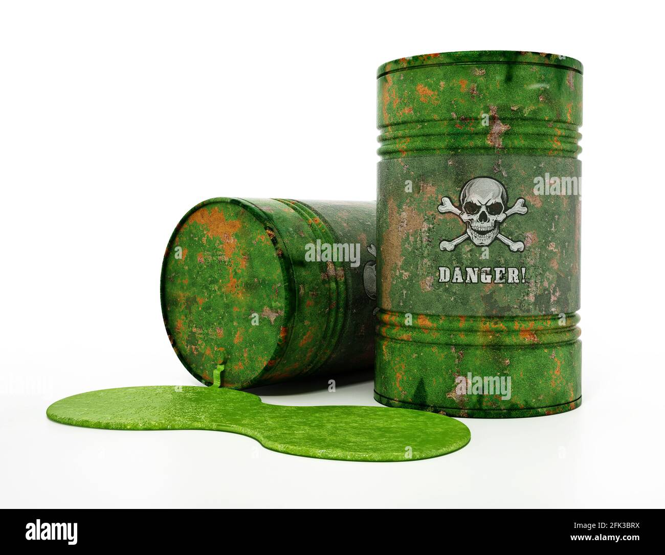 Giftige Fässer mit Schädel und Knochen und Gefahrentext. 3D-Illustration. Stockfoto