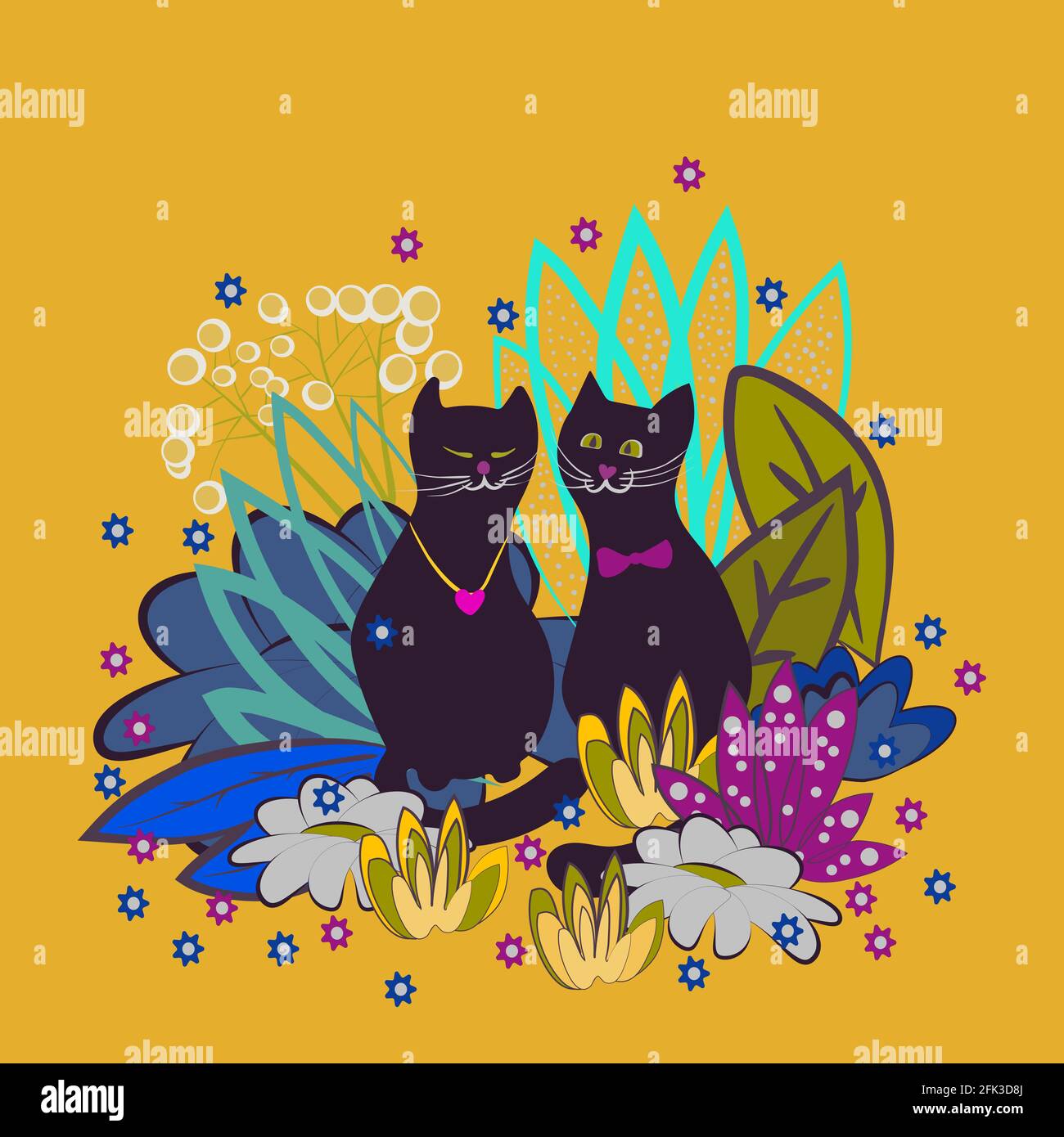 Zwei liebevolle Katzen sitzen zwischen fantastischen Blumen. Valentinskarte mit romantischem Hintergrund. Bunte Vektor-Illustration mit dekorativen Elementen und Stock Vektor