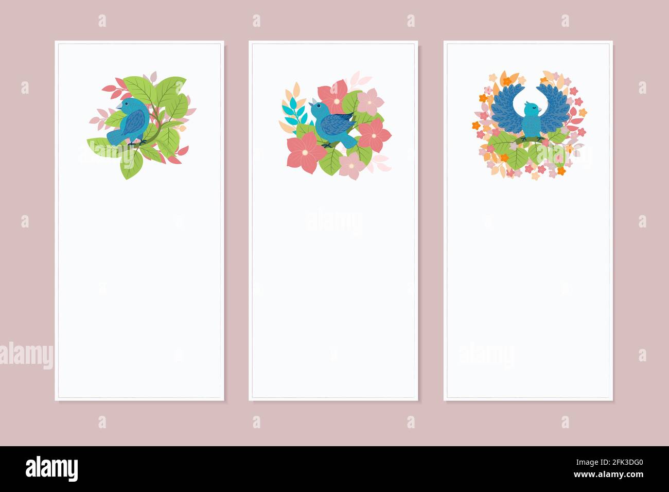 Eine Reihe von Spruchbändern, Postern, Einladungen oder Flyern mit einem Muster im Frühjahr/Sommer. Designelemente mit Vögeln, Blumen und Blättern im flachen Stil. Vect Stock Vektor