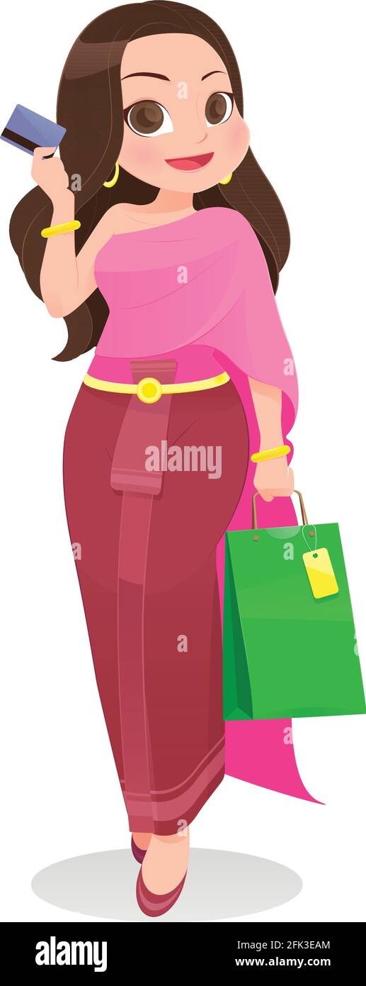 Thailand Frau einkaufen mit Kreditkarte gegen weißen Hintergrund, Cartoon, Vektor-Illustration Stock Vektor