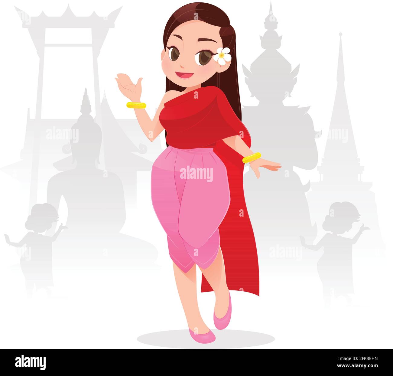 Illustration thailändische Frauen in thailändischer Tracht, traditionelle südostasiatische Tracht, Reisen, Vektor-Cartoon Stock Vektor