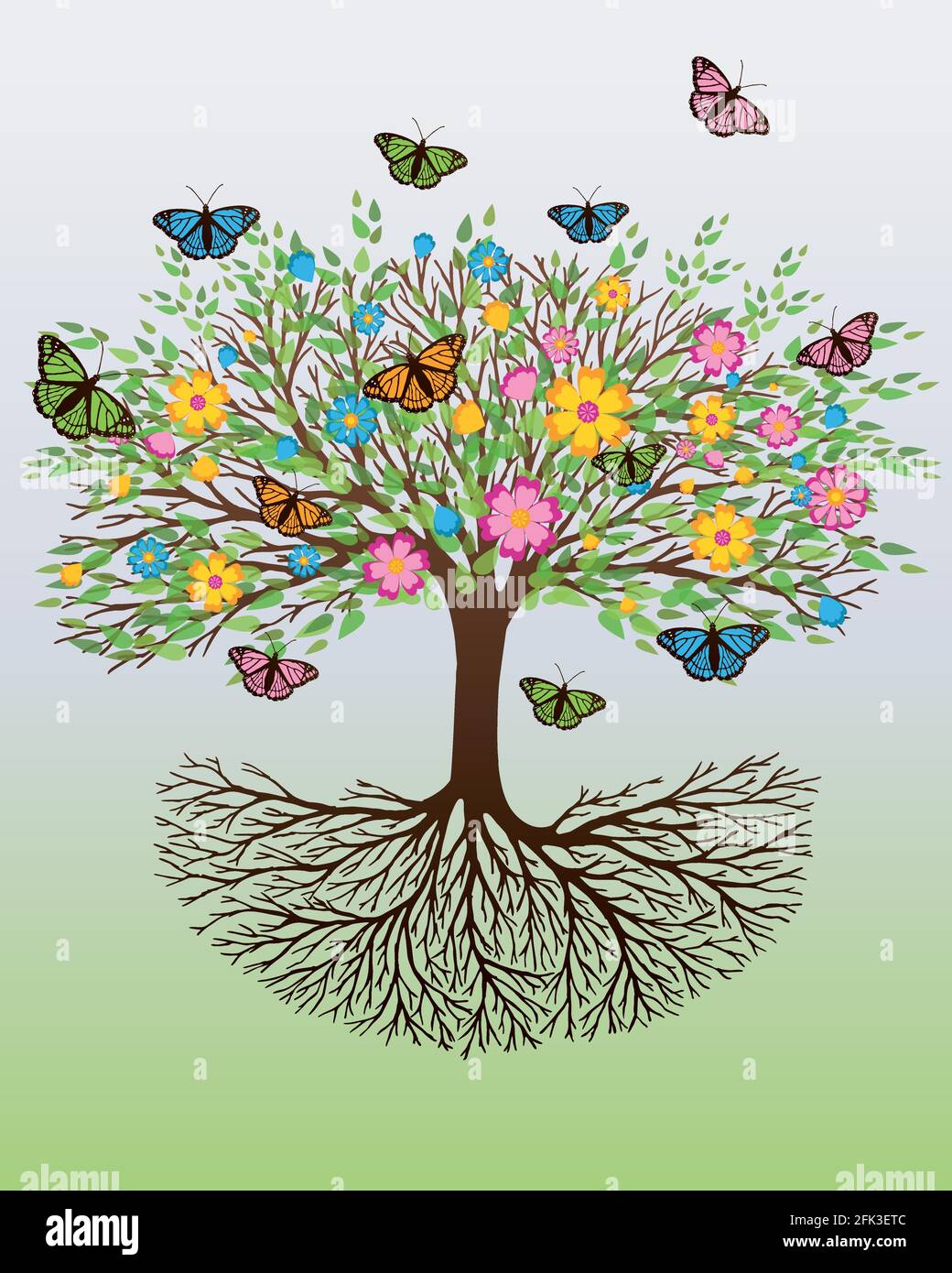 Ein Baum des Lebens mit Blumen und farbigen Schmetterlingen, die auf den Ästen sitzen und um den Baum fliegen. Der Hintergrund ist ein grün-weißer Farbverlauf Stock Vektor