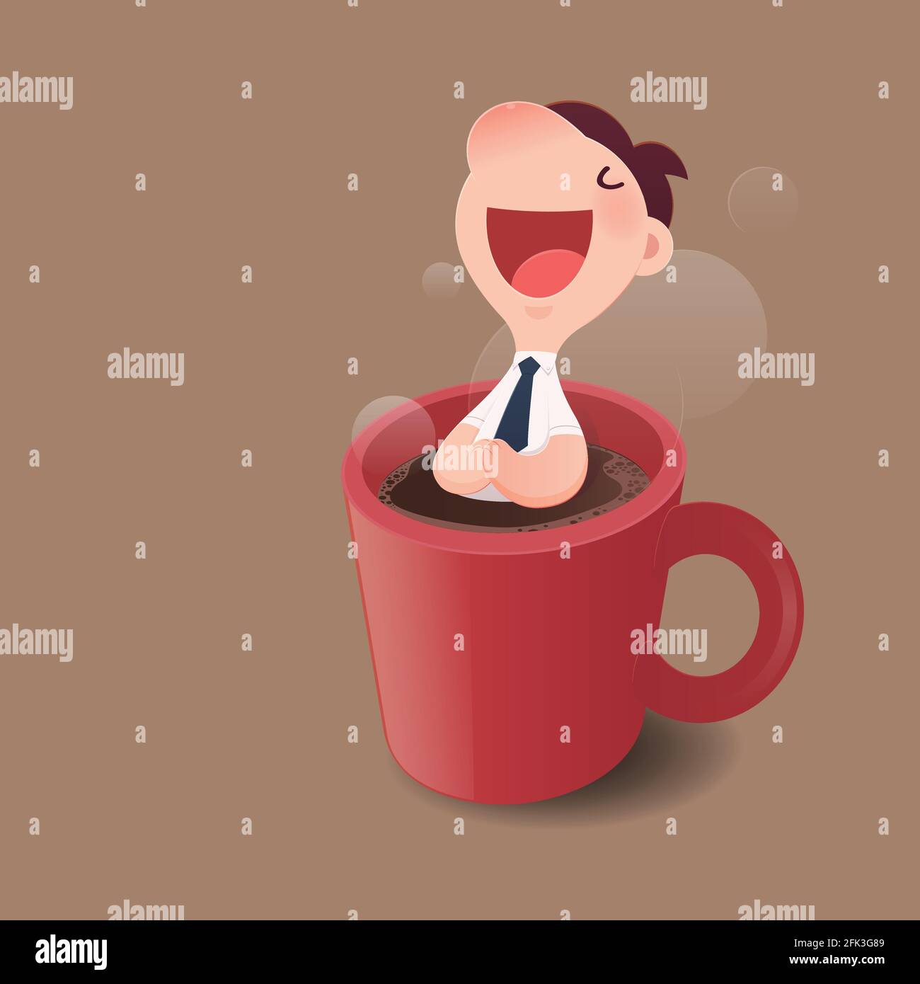 Zeichentrickfigur Geschäftsmann sitzt auf einem roten Tasse heißen Kaffee. Guten Morgen und Guten Tag, Vektor und Illustration. Stock Vektor