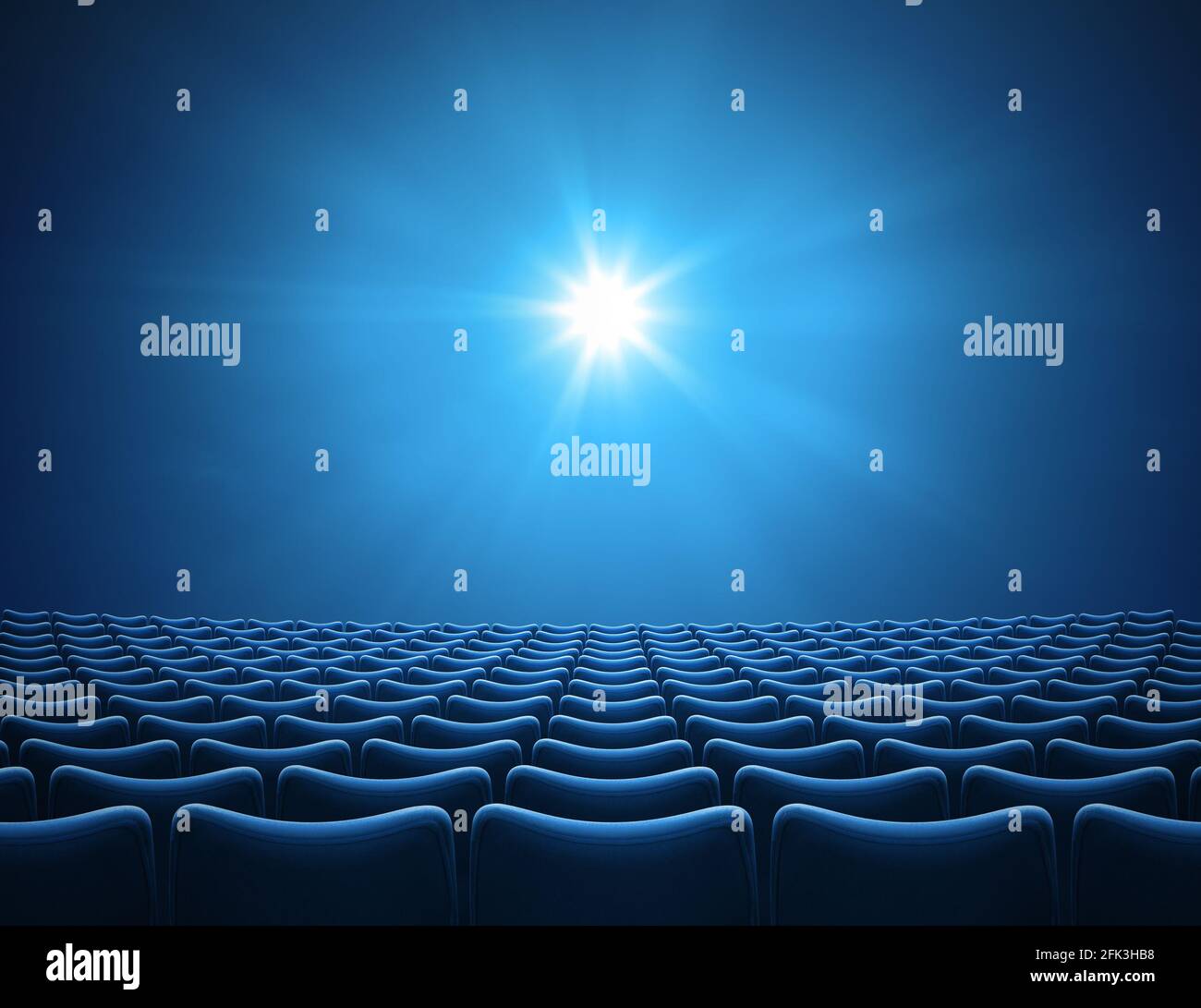 Leerer blauer Kinosaal mit 3D-Darstellung mit hellen Strahlen Stockfoto