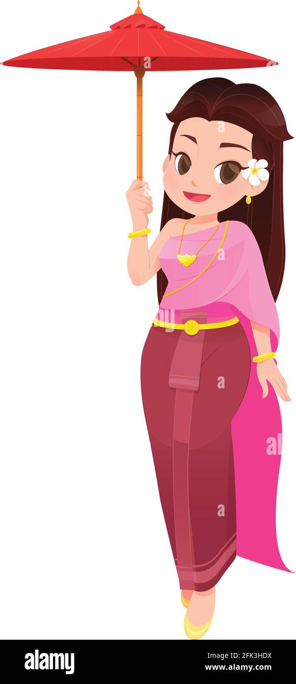 Die Cartoon-Frauen in thailändischen Kleidungs hält Regenschirm, Kultur in Thailand, traditionelle südostasiatische Kostüme, Vektor-Illustration Stock Vektor