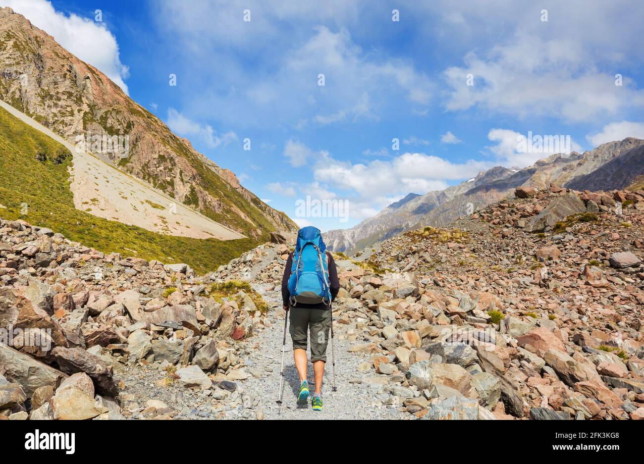 Wandern und Trampen in Neuseeland. Reise- und Abenteuerkonzept Stockfoto