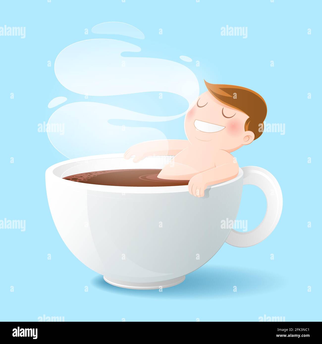 Guten Morgen Kaffeetasse, Konzept mit digitalen Kunst Zeichnung Vektor Illustration über Koffein sucht Männer, die seine Liebe schwarzen Kaffee baden. Stock Vektor