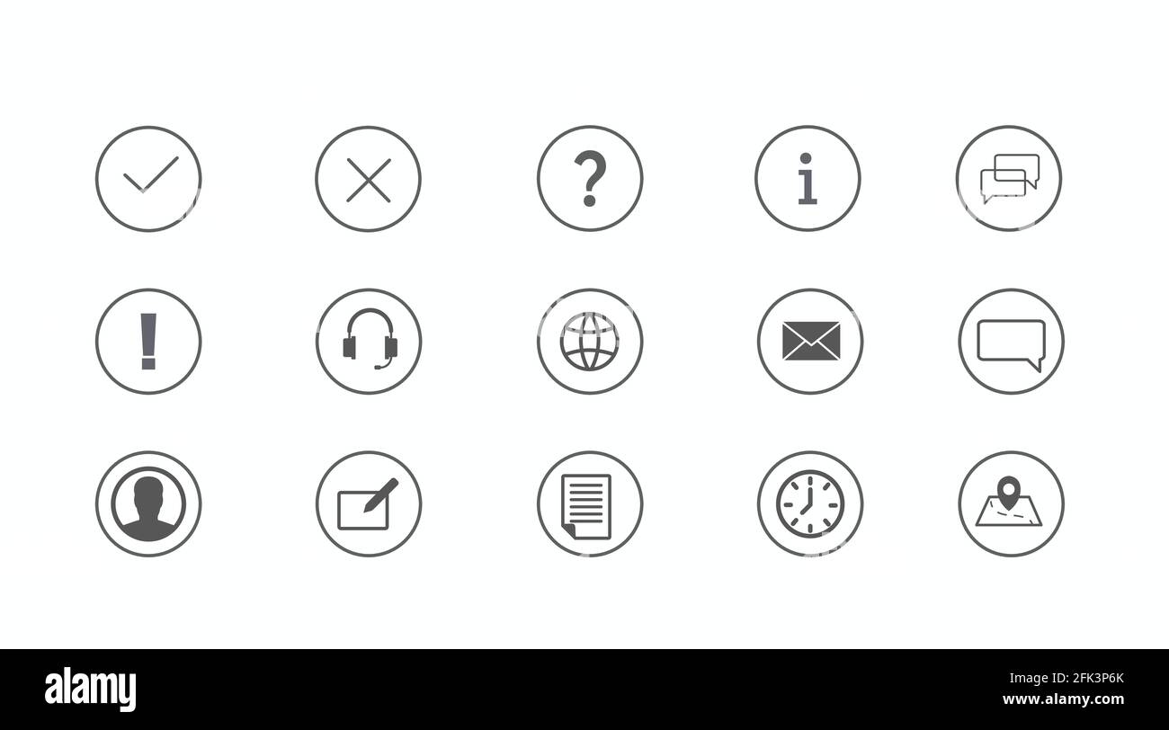 Symbolsatz für Informationen und Kontakt. Vektor isoliert schwarz und mit einfachen Informationen und Kontaktsymbolen Stock Vektor