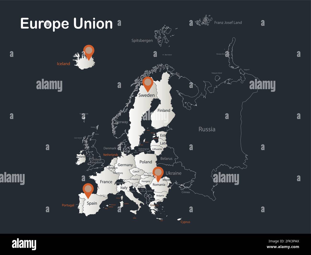 Karte der Europäischen Union, Infografiken flaches Design Farben schneeweiß, mit Namen der einzelnen Staaten Vektor Stock Vektor