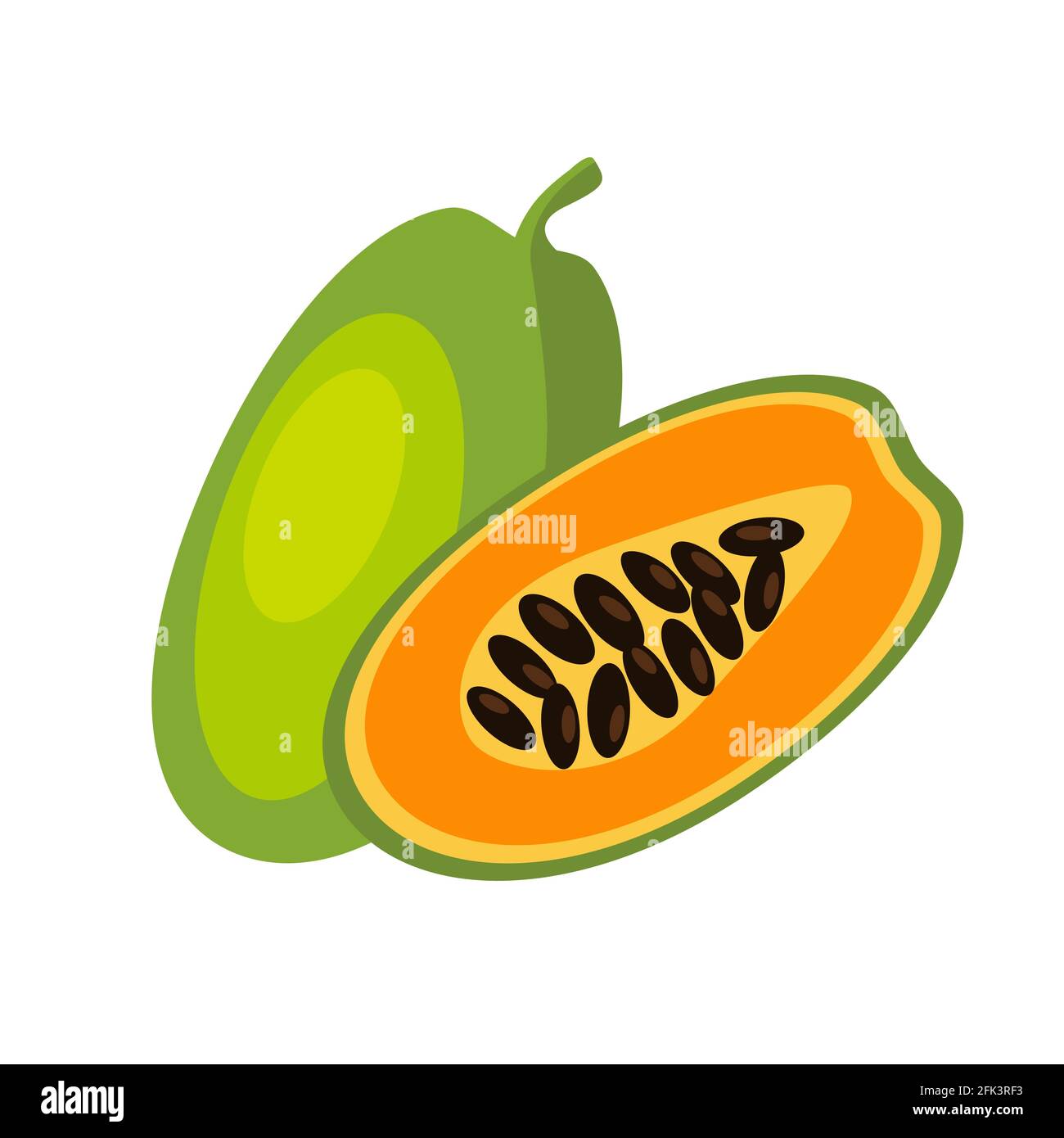 Papaya-Frucht, ganz und in Scheiben geschnitten. Vektor-Illustration Handgezeichnetes Symbol der Sommer gesunde Ernährung ganze und halb isoliert auf weiß. Stock Vektor