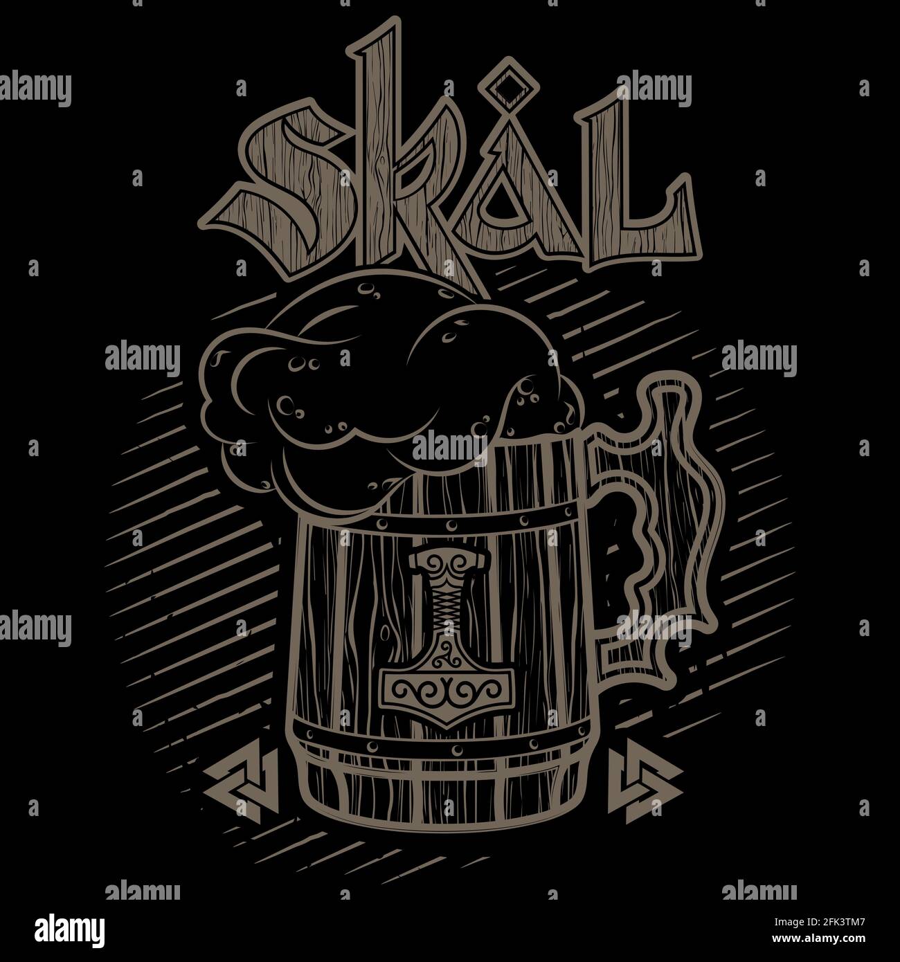 Viking Trinkbecher. Skandinavischer Wikingerbecher mit Bier und skandinavischer Phrase, die als Toast verwendet wird - Skal Stock Vektor
