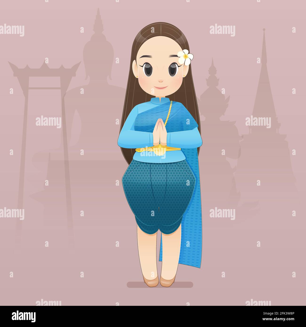 Illustration thailändische Frauen in traditioneller Thai-Kleidung sagen Hallo Sawasdee. Hallo, Sawadee mit Bangkok Hintergrund. Flaches Zeichendesign. Stock Vektor