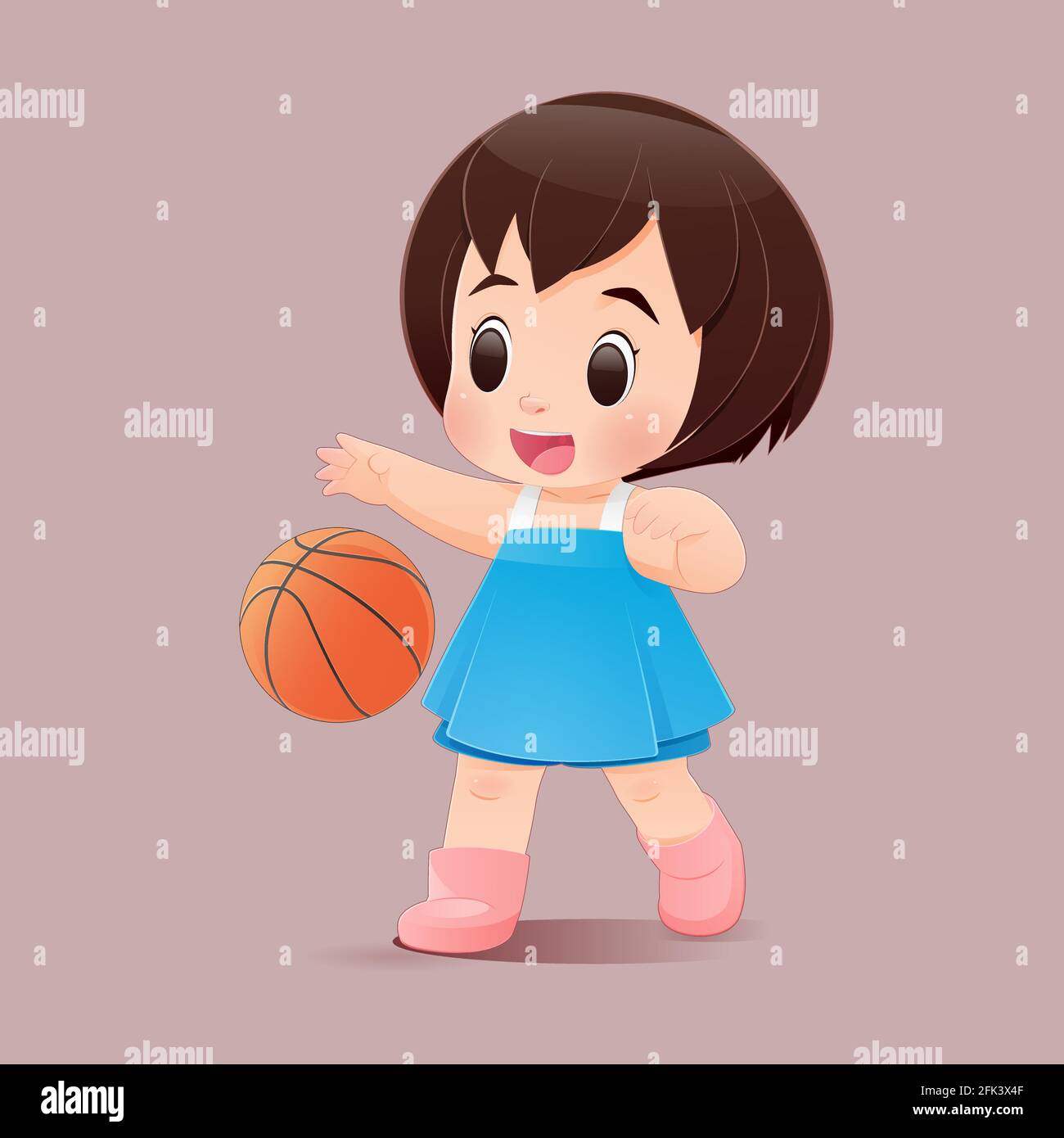 Nettes kleines Mädchen spielt Basketball in einem rosa Hintergrund, EIN Mädchen in einem blauen Kleid hüpft einen Basketball, Flat Charakter Illustration Design. Stock Vektor