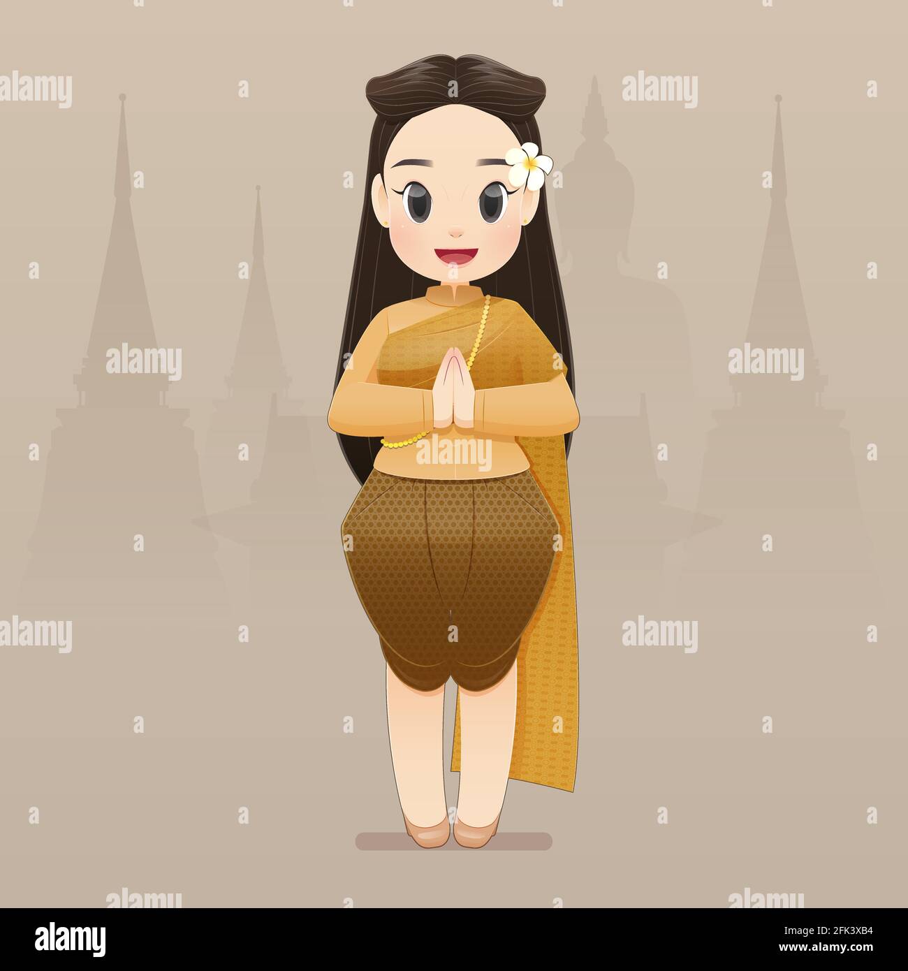 Illustration thailändische Frauen in traditioneller Thai-Kleidung sagen Hallo Sawasdee. Hallo, Sawadee mit Bangkok Hintergrund. Flaches Zeichendesign. Stock Vektor