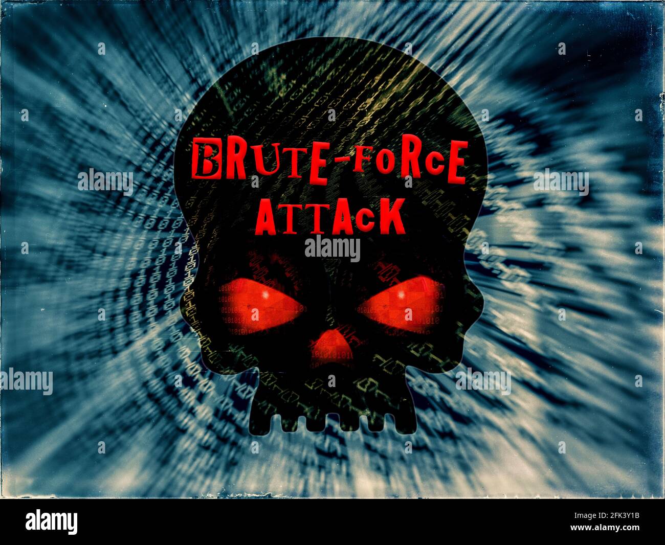 Brute-Force-Angriff auf einen Piratenschädel auf Binärcode angezeigt Hintergrund Stockfoto
