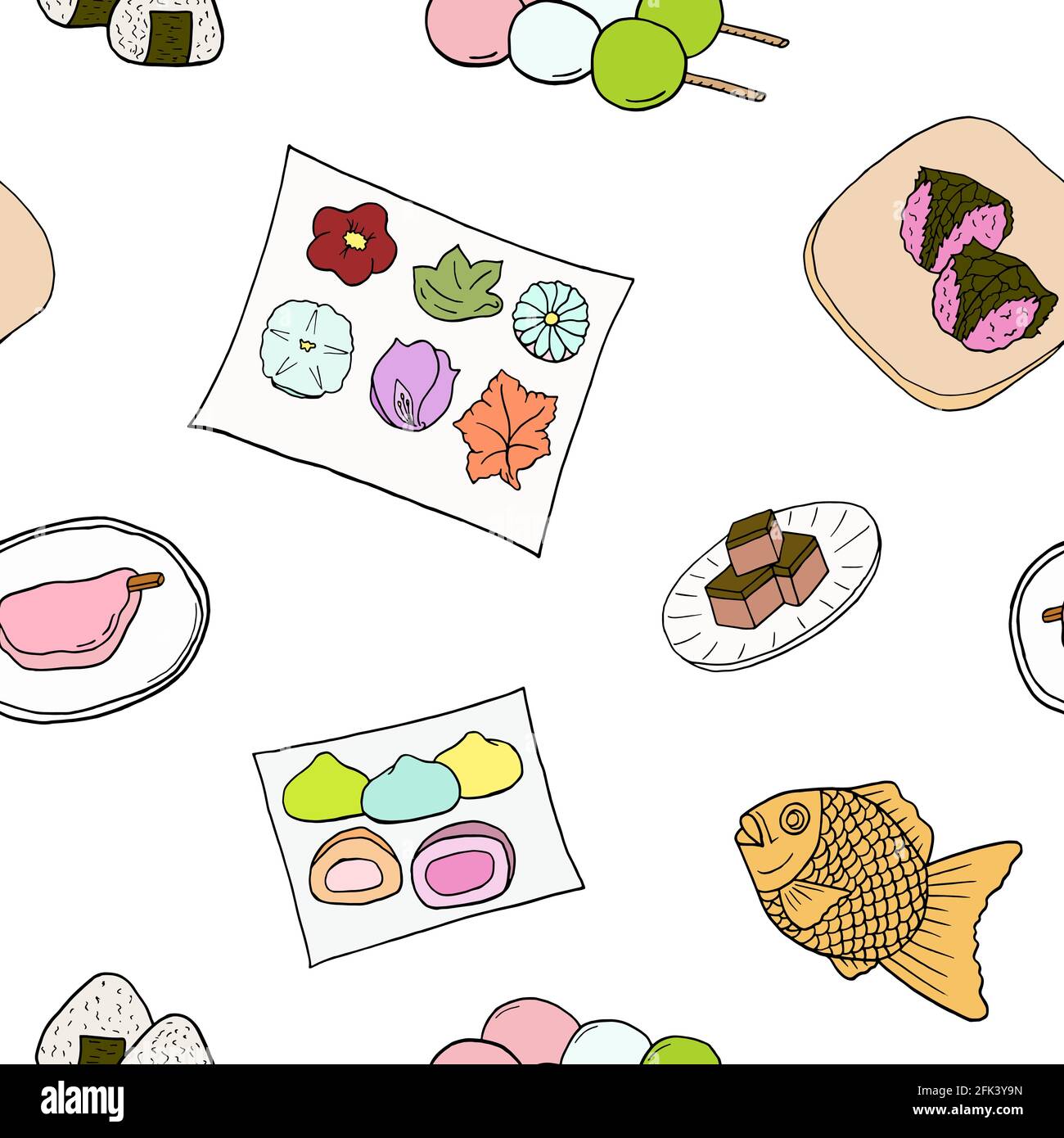 Japanische Küche mit nahtlosem Muster. Design Skizzenelement für Menü Café, Bistro, Restaurant, Bäckerei, Verpackung und andere Dinge. Vektorgrafik. Stock Vektor