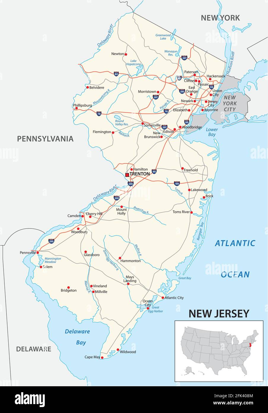 Road Map des US-amerikanischen Staates New Jersey Stock Vektor