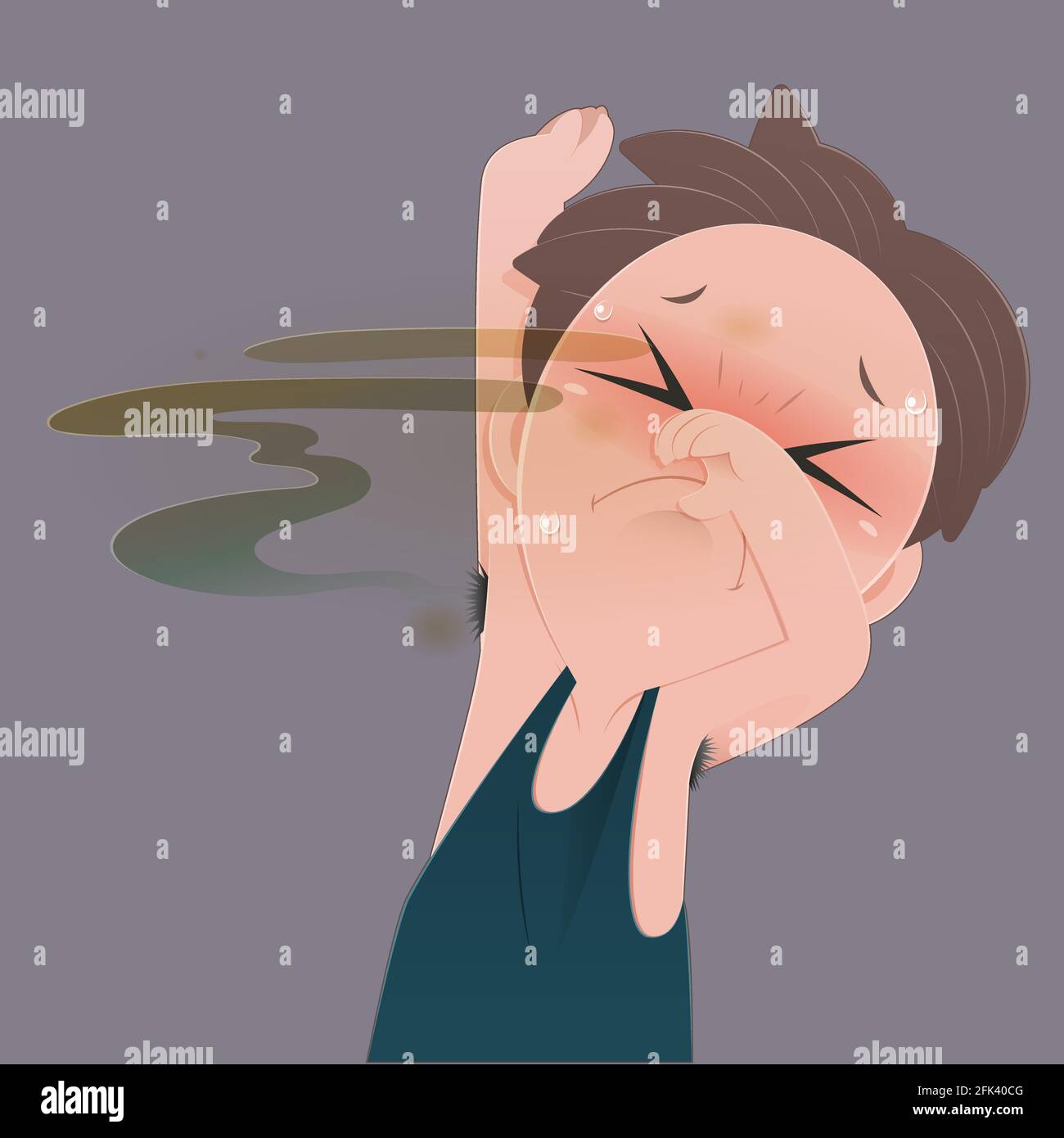 Ein Mann mit grüner Weste riecht seinen schlechten Geruch nasse Achselhöhle und Körpergeruch vor grauem Hintergrund, Vektor-Illustration Stock Vektor