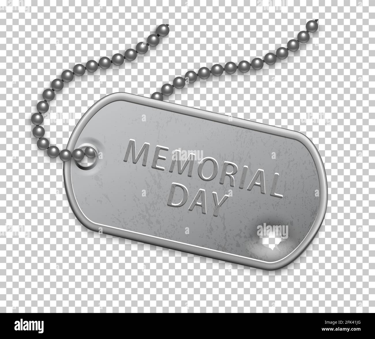 Alles gute zum Memorial Tag. Silbernes Militärabzeichen an Kette mit Einschussloch. Patriotisches Element der Vereinigten Staaten. Feiertagsfeier. Grußansage hono Stock Vektor