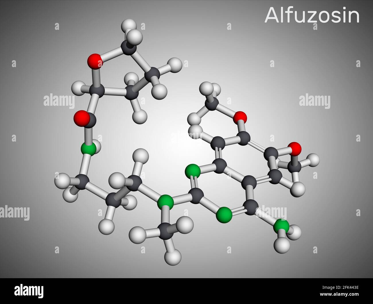 Alfuzosin-Molekül. Es ist ein antineoplastisches Mittel, ein Antihypertensive Mittel, ein alpha-adrenerger Antagonist. Molekularmodell. 3D-Rendering. Abbildung Stockfoto