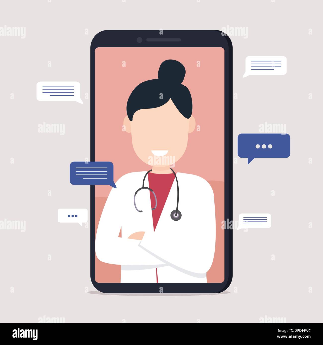 Woman Doctor Video Lokalisierung auf einem Smartphone. Medizinische Diagnostik über das Internet. Konzept der Online-Medizin und Gesundheitsversorgung. Flache Vektorgrafik Stockfoto