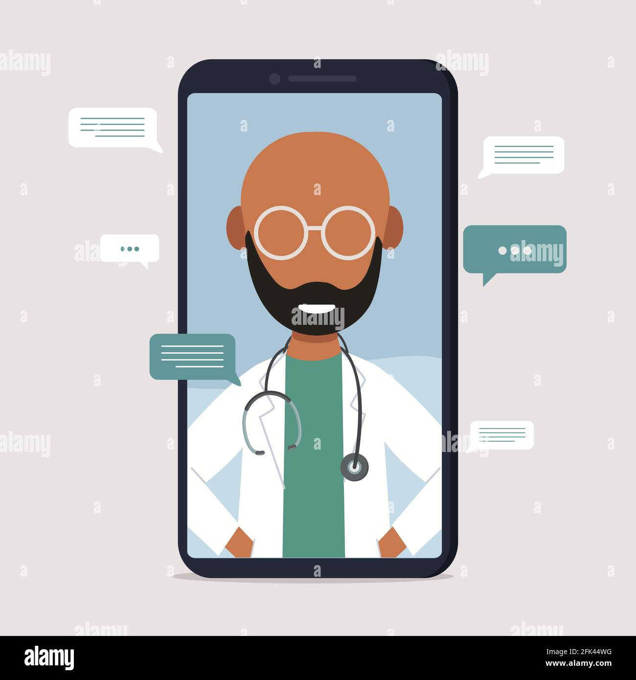 Medizinische Diagnostik über das Internet. Konzept der Online-Medizin und Gesundheitsversorgung. Black man Doctor Video Lokalisierung auf einem Smartphone. Online-medizinische Nachteile Stockfoto