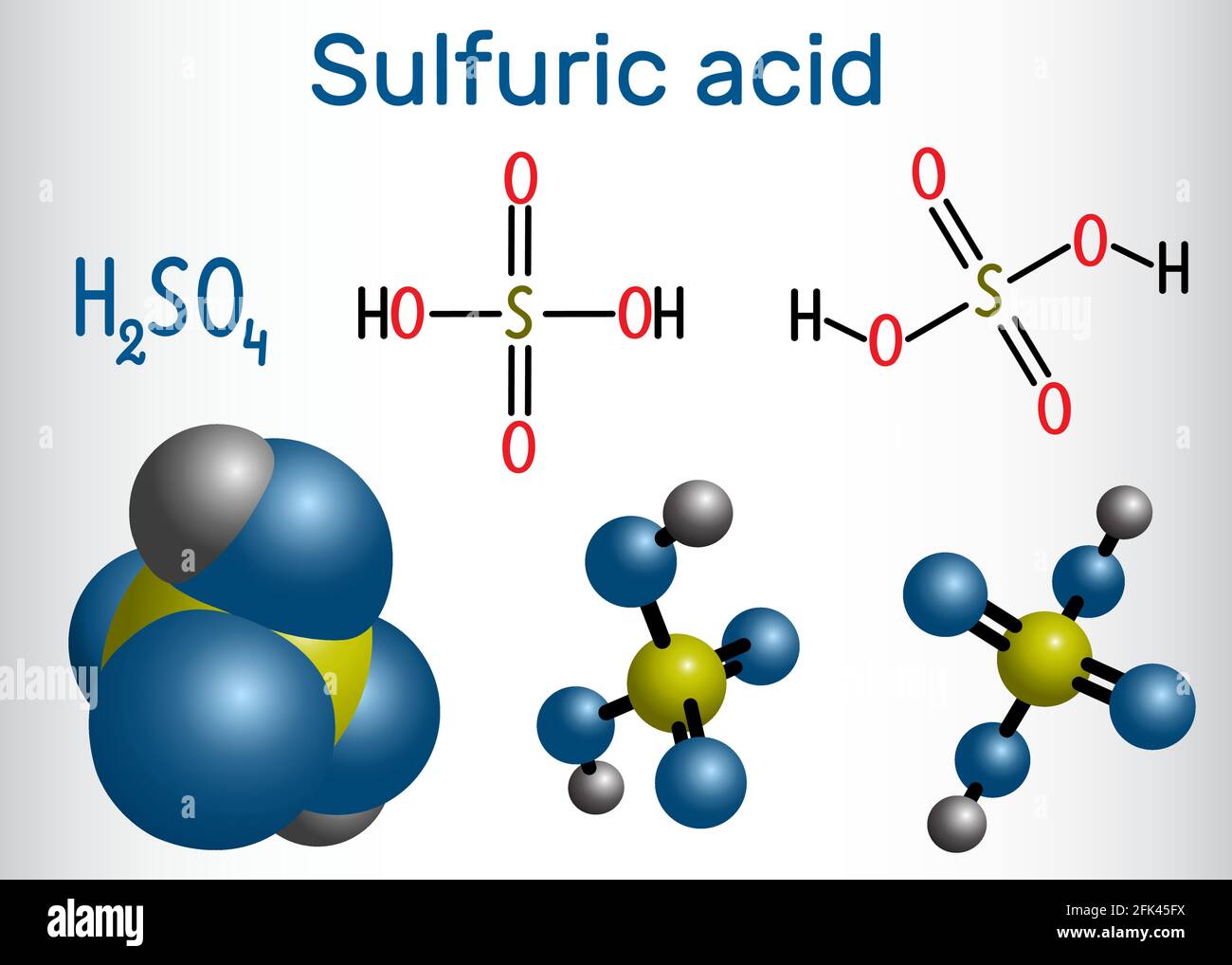 Schwefelsäure (Schwefelsäure, H2SO4) Molekül . Es ist eine starke Mineralsäure. Strukturelle chemische Formel und Molekülmodell. Vektorgrafik Stock Vektor