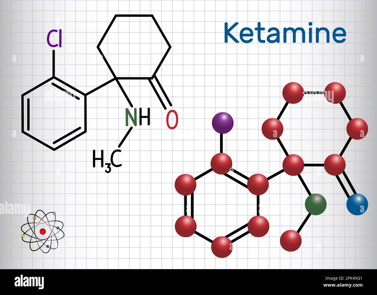 Ketamin-Molekül. Es wird in der Medizin für die Anästhesie verwendet. Strukturelle chemische Formel und Molekülmodell. Blatt Papier in einem Käfig. Vektordarstellung Stock Vektor