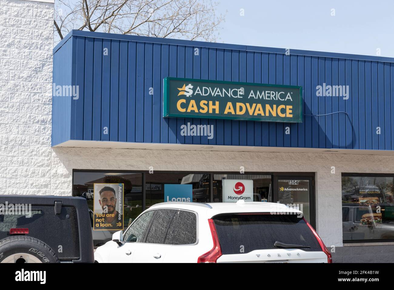 Wabash - ca. April 2021: Advance America Consumer location. Advance America ist ein Zahltag Darlehen Unternehmen. Stockfoto