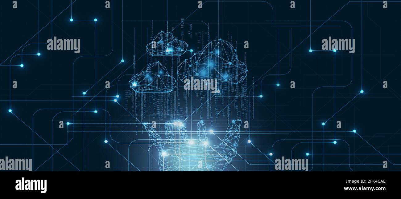 Cloud-Computing-Technologiekonzept. Wireframe Hand hält digitale abstrakte Wolken mit Binärcode, 3D Illustration Stockfoto