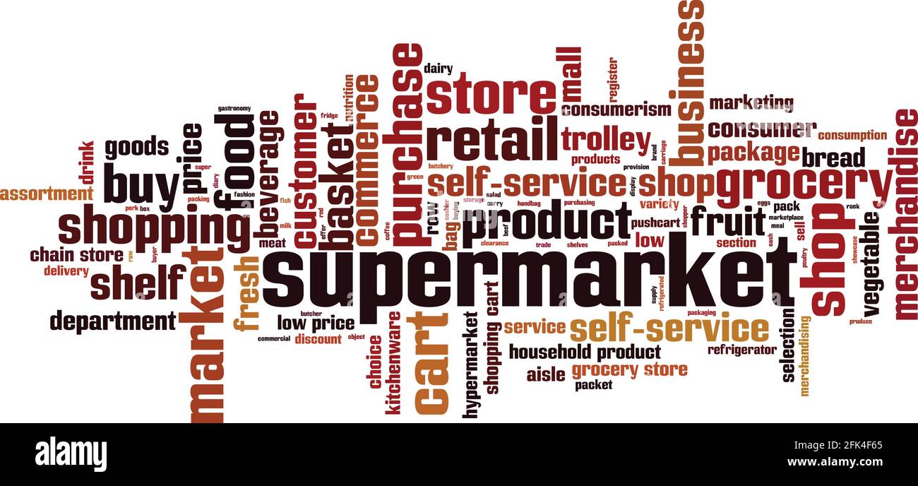 Supermarkt Wort Cloud Konzept. Collage aus Worten über Supermarkt. Vektorgrafik Stock Vektor