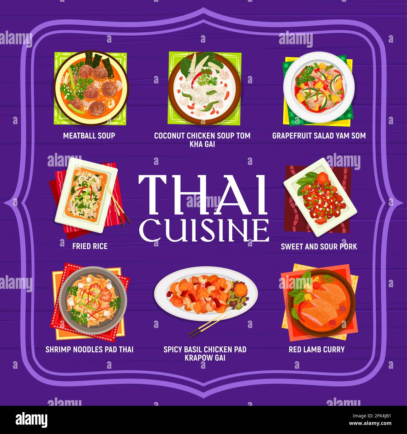 Thailändische Küche Restaurant Essen Menü. Grapefruitsalat, Yam som, rotes Lammkurrygericht und gebratener Reis, Basilikum-Hühnchen-Pad-Kparow-Gai und Pad-thai-Nudeln, Huhn Stock Vektor